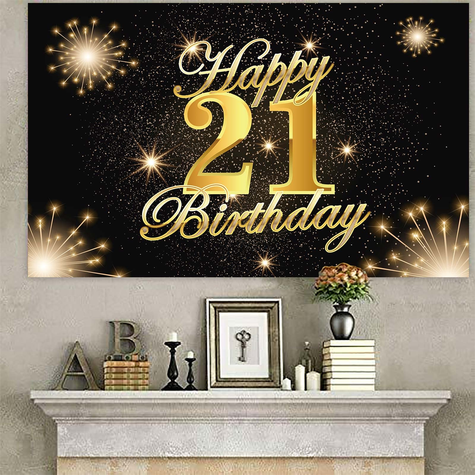 21st Birthday Banner Backdrop - Black Gold Sparkle Firework Star Theme Party Decor | Cheers to 21 Years Celebration | Perfect for 21st Birthday Party, Anniversary, Photo Booth & Wall Decorations