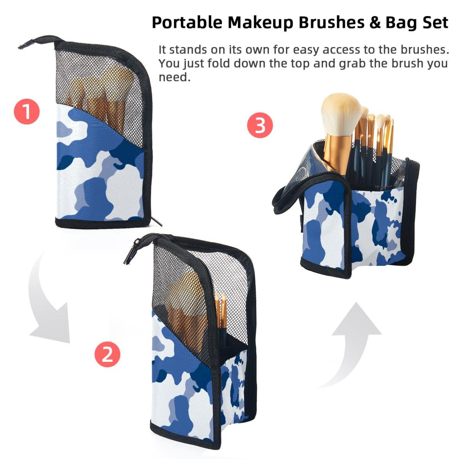 12-Piece Makeup Brush Organizer Bag with Holder Case - Sea Blue Camouflage Design | Portable Cosmetic Brush Storage for Travel & Home Use