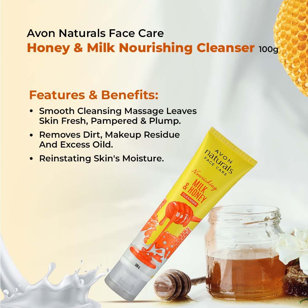 AVON Naturals Honey & Milk Nourishing Cleanser - Deep Hydration for Dry Skin | Rejuvenating Face Wash for Soft, Supple Skin | 100g | Perfect for Daily Skincare Routine & Post-Workout Refreshment