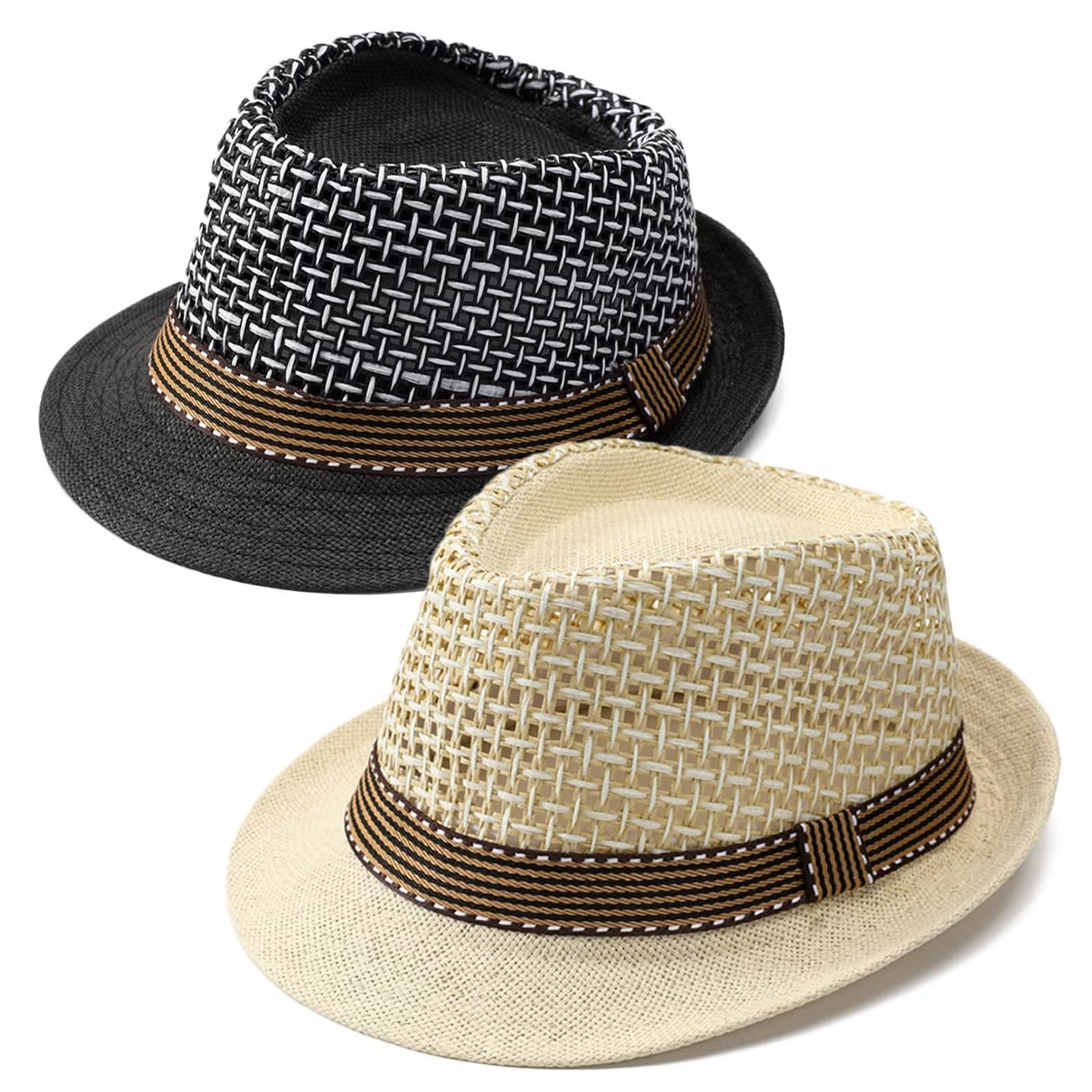 Men's & Women's Summer Fedora Sun Hat - 2 Pack Breathable Mesh Panama Trilby Hats for Beach, Outdoor & Travel | UV Protection Wide Brim Sun Hat for Vacation, Gardening, Pool Party