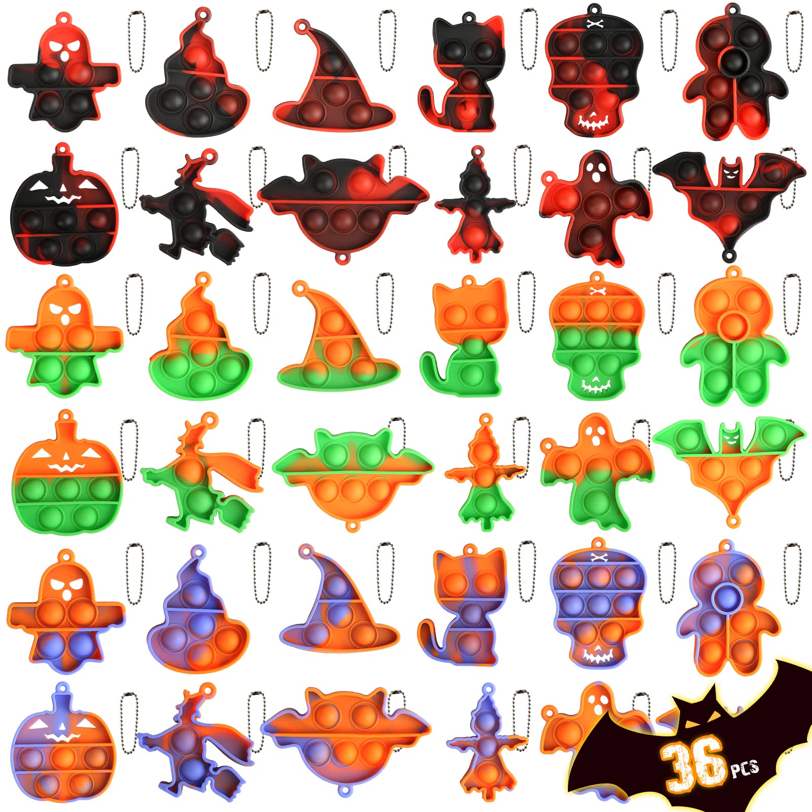 Halloween Mini Pop Keychain Fidget Toys - 36 PCS Stress Relief Sensory Pack for Kids | Halloween Party Favors, Gifts & Supplies | Perfect for Trick-or-Treat Goodie Bags, Classroom Prizes & Sensory Play