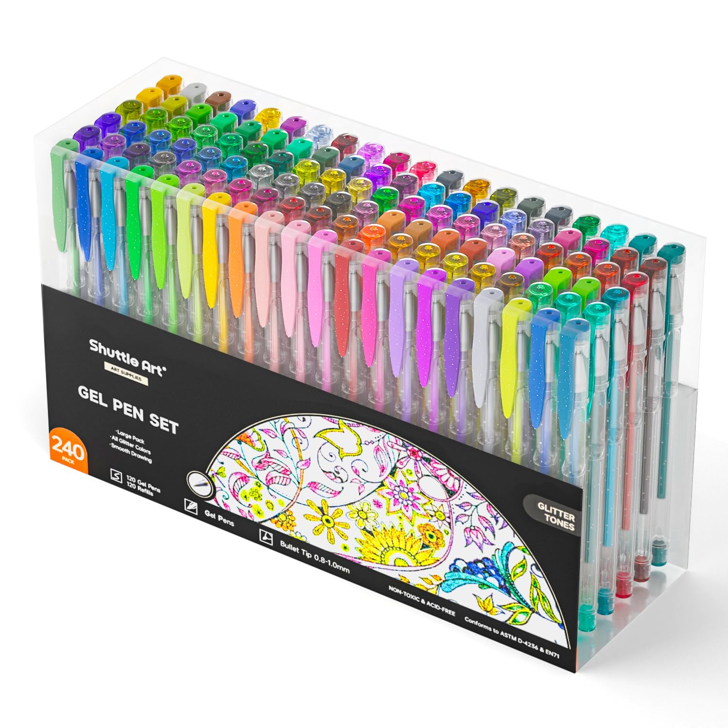 Shuttle Art 240 Pack Glitter Gel Pens Set - 120 Vibrant Colors with 120 Refills for Adult Coloring Books, Bullet Journaling, Scrapbooking & DIY Crafts - Perfect for Artists, Students & Creative Projects