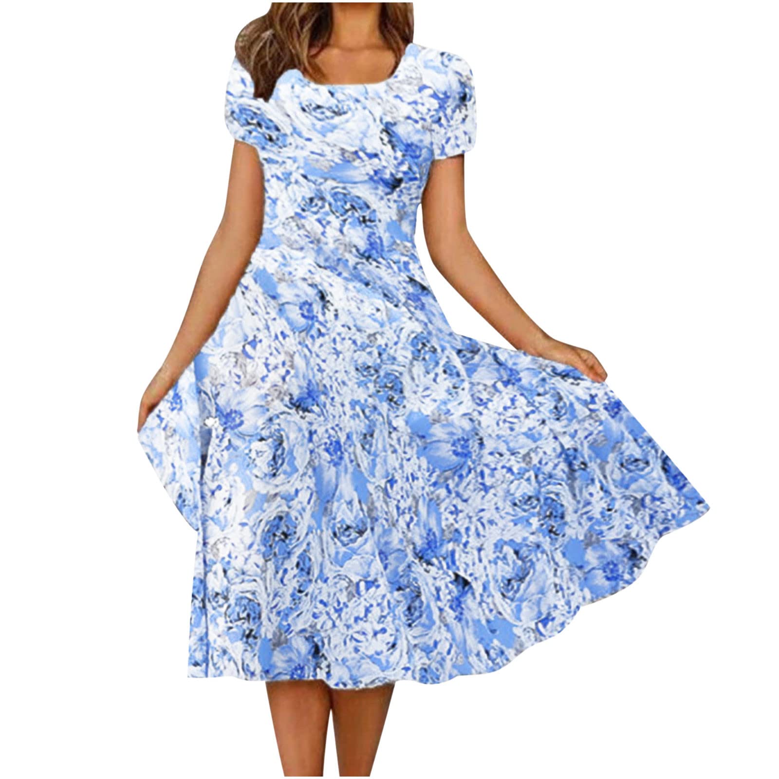 Elegant Floral Midi Dress for Women - Short Sleeve Crewneck Swing Dress, Comfortable Summer Skater Dress in Blue | Perfect for Holiday Parties, Beach Vacations & Casual Outings