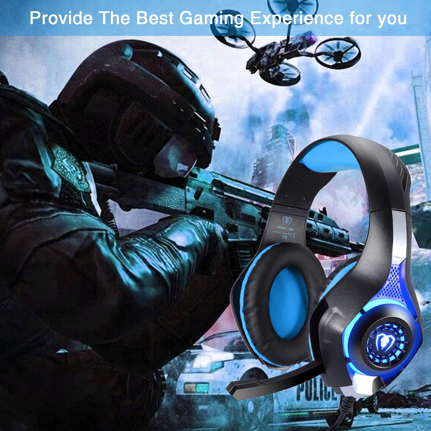 BlueFire Gaming Headset for Xbox One, PS4, PC & Laptop - Wired 3.5mm Jack Headphones with LED Lights, Noise-Canceling Mic & Stereo Bass - Perfect for Gaming, Streaming & Online Classes (Blue)
