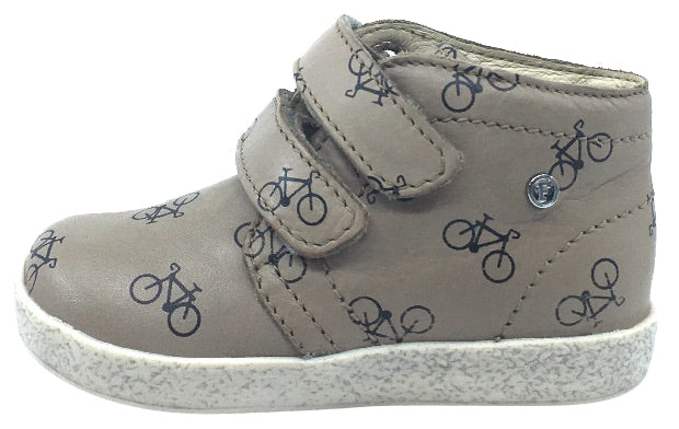 Falcotto Kids' Tan Leather High Top Sneakers with Bike Icon Print - Double Strap Design for Boys & Girls - Perfect for School, Play & Casual Wear