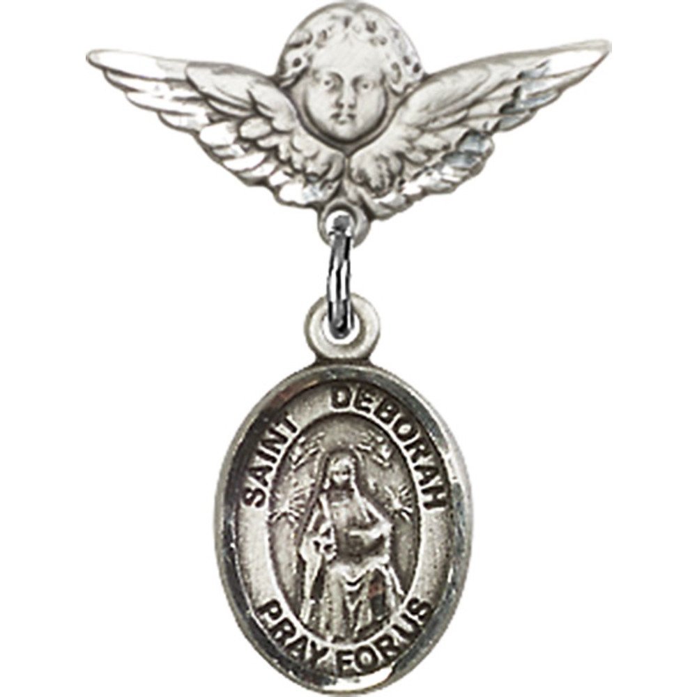 Sterling Silver Baby Badge with St. Deborah Charm & Angel Wing Pin - 7/8