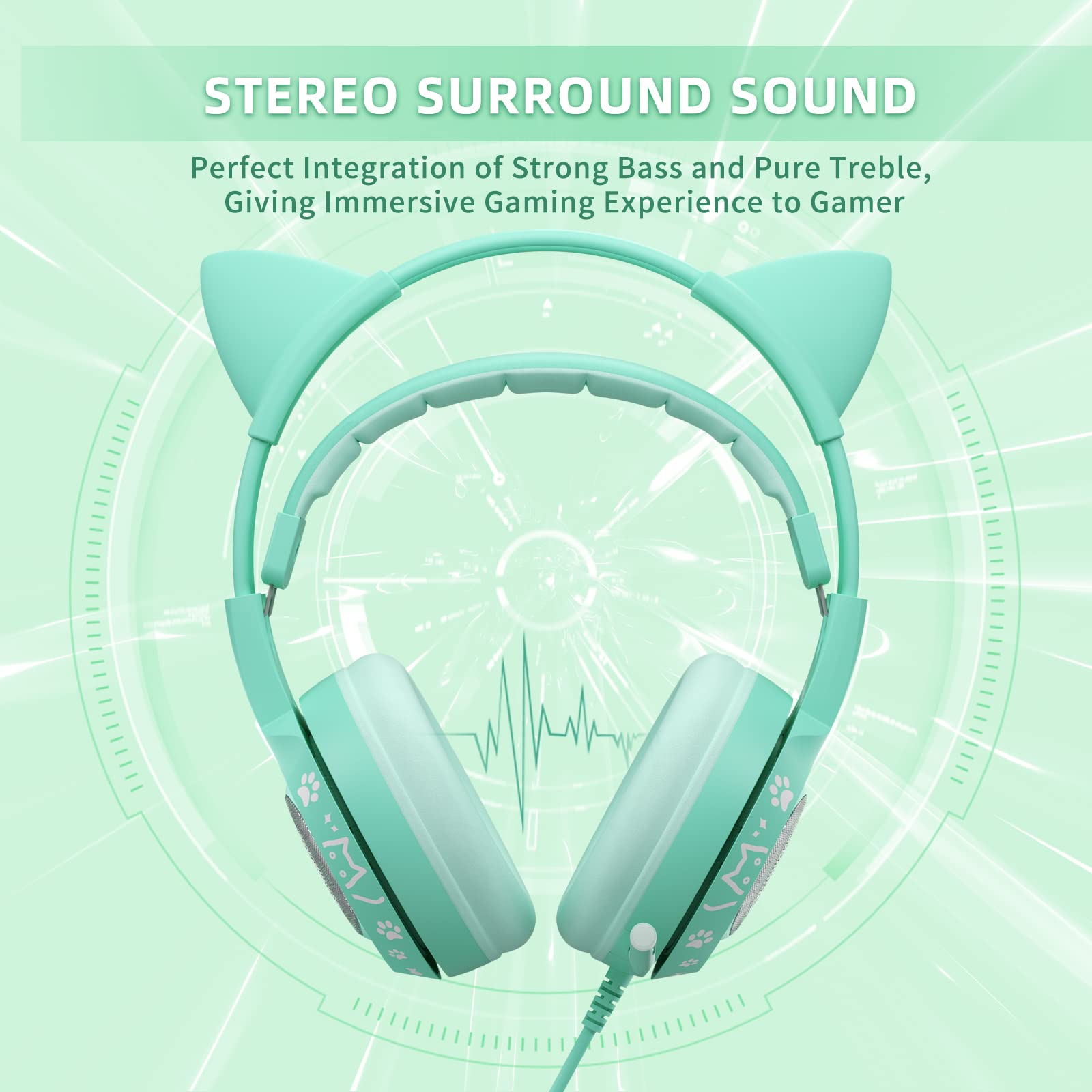 SOMiC G951S Green Cat Ear Gaming Headset with Microphone - Noise Cancelling Over-Ear Headphones for PS5, PS4, Xbox One, PC - Stereo Sound with In-Line Mic Control - Perfect for Women Gamers, Streaming & Online Classes