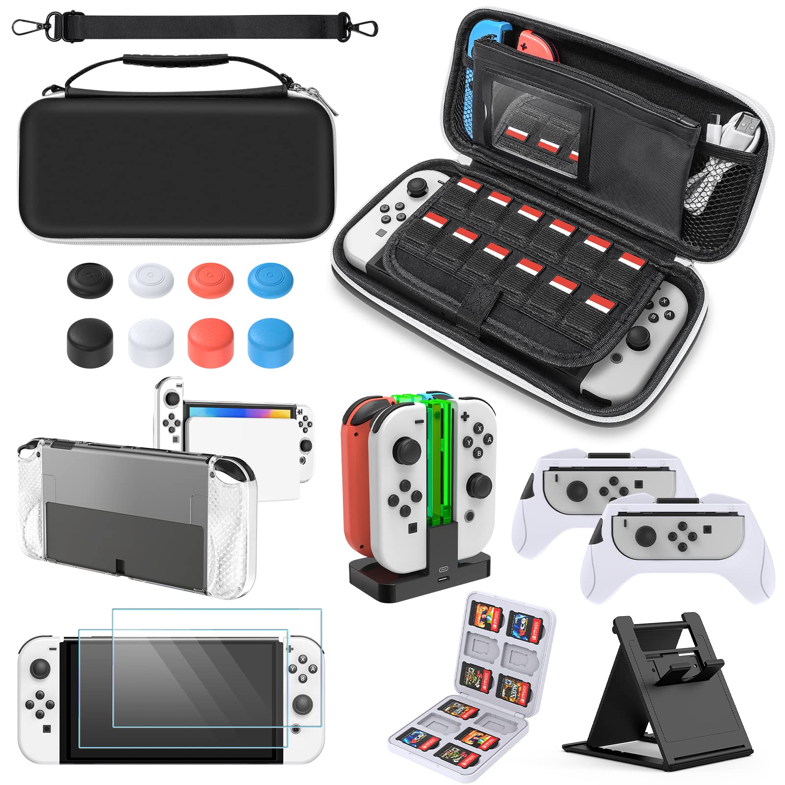 21-in-1 Accessories Kit for Nintendo Switch OLED Model - Protective Carrying Case, Screen Protector, Charging Dock, Joy-Con Grips, Racing Wheels, Adjustable Stand & Thumb Grip Caps - Perfect for Gaming On-The-Go, Travel & Home Entertainment
