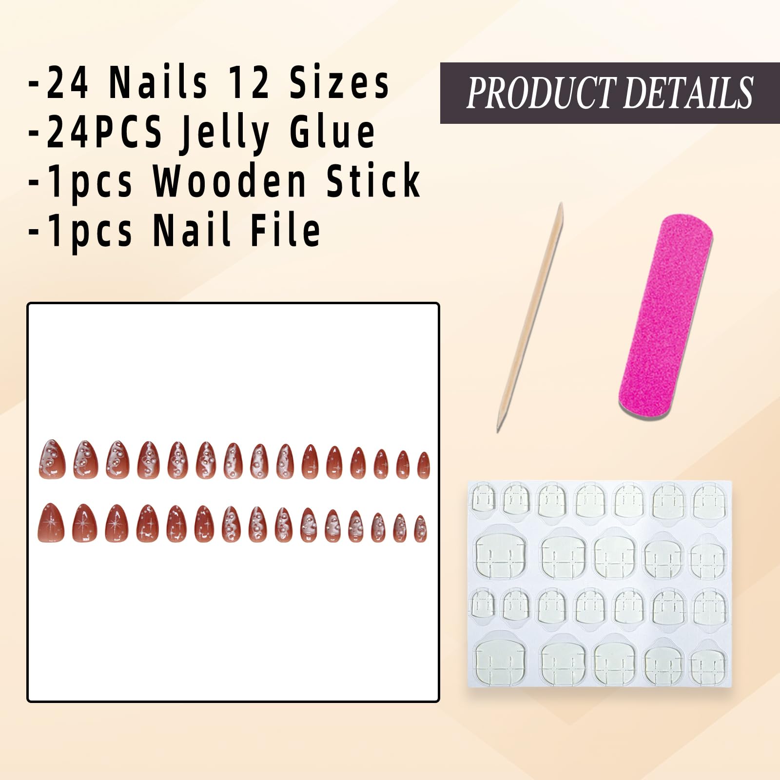 Dark Pink Short Almond Press on Nails with Pearl Design & Gothic Silver Stars - Glossy Y2K Style Fake Nails for Women (30Pcs) | Full Cover Glue on Artificial Nails with Irregular Liquid Pattern | Perfect for Parties, Weddings & Gothic Fashion