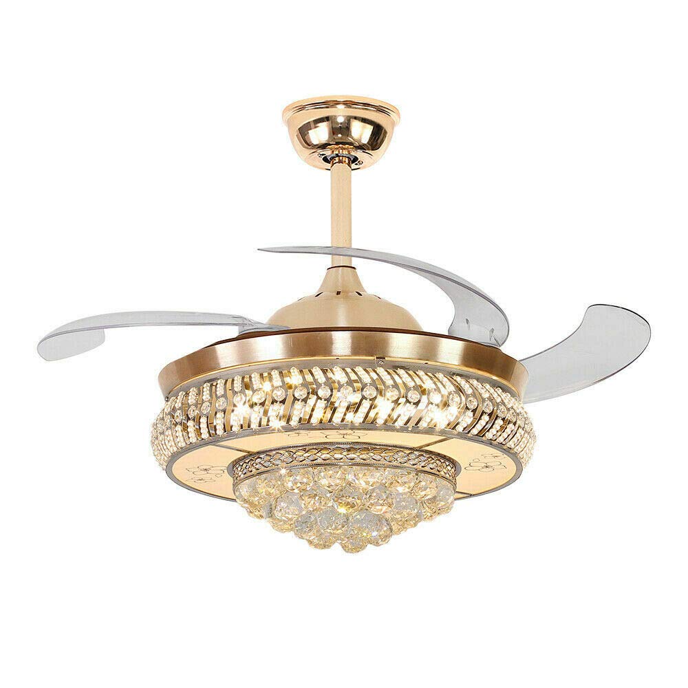 Modern Retractable Crystal Ceiling Fan with LED Light & Remote Control - 42 Inch Dimmable 3-Speed Smart Fan for Living Room, Bedroom, Office - Gold Finish | Energy Efficient Cooling & Stylish Home Decor