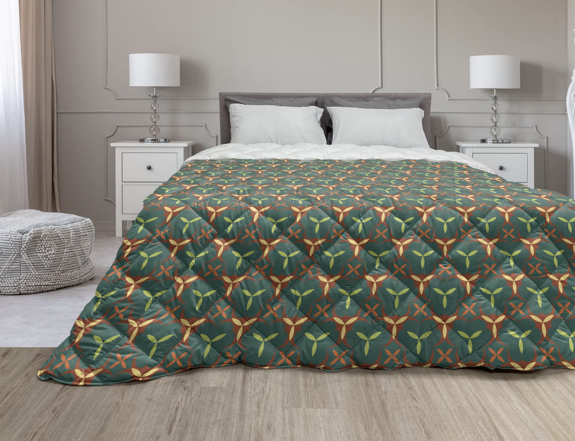 Ambesonne Ethnic Down Alternative Comforter - Bohemian Ornamental Curvy Damask Design in Forest Green & Multicolor | All-Season Microfiber Quilt for Twin Bed | Perfect for Bohemian Bedroom Decor & Guest Room Styling