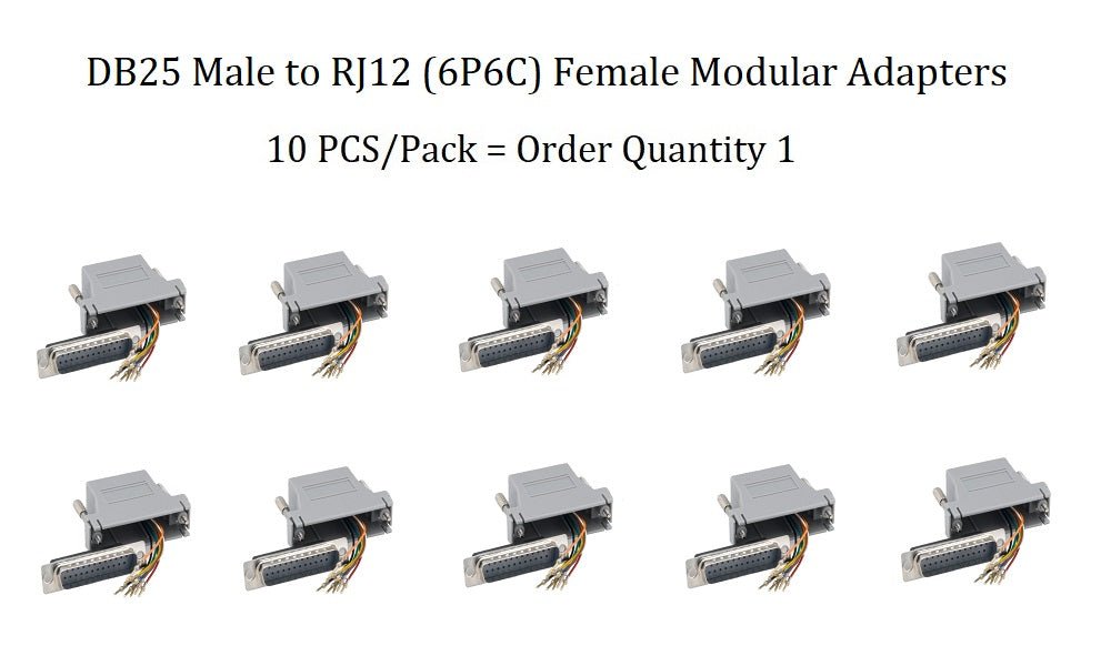 DB25 Male to RJ12 (6P6C) Female Modular Adapter - Gray (10 Pack) - Ideal for Networking, Telecom & Data Center Connectivity