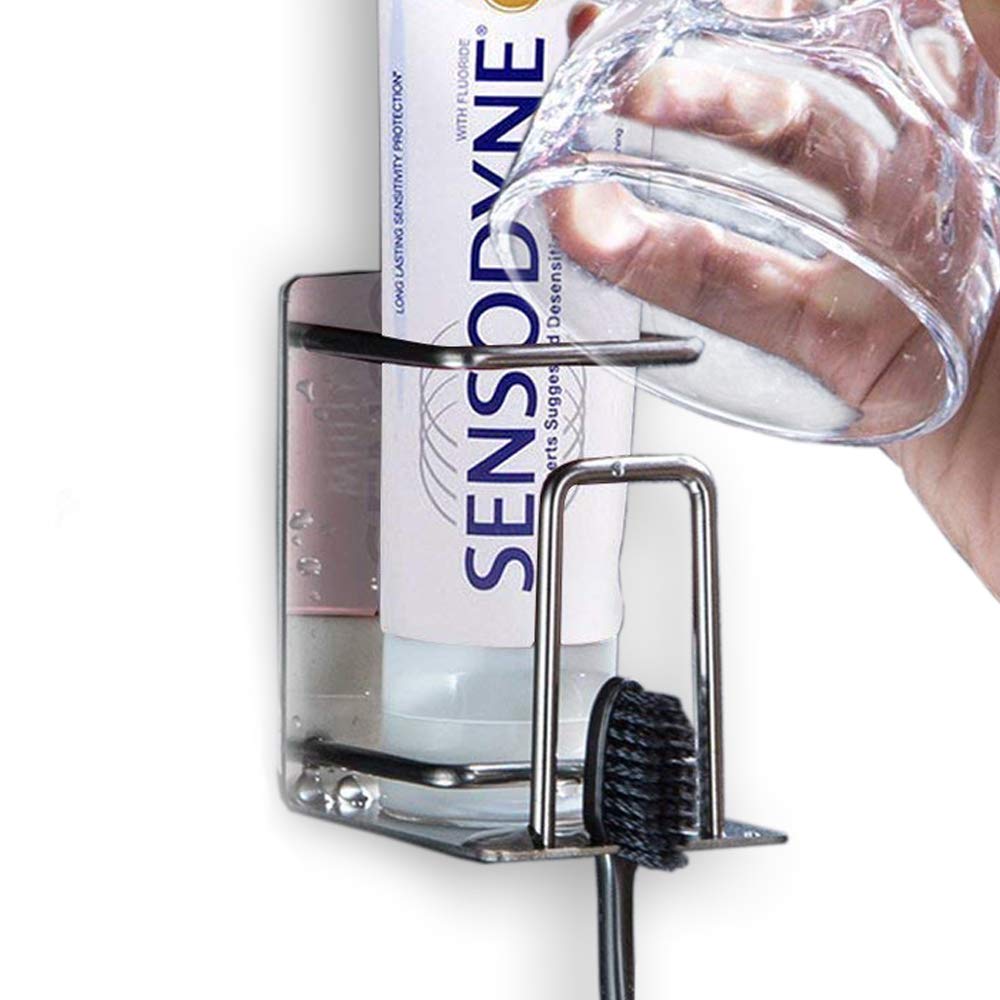 HANZE 304 Stainless Steel Toothbrush Holder - Wall Mounted 3-in-1 Bathroom Organizer with Toothpaste & Cup Holder | Rustproof Adhesive Mount for Shower, Sink, and Vanity Organization