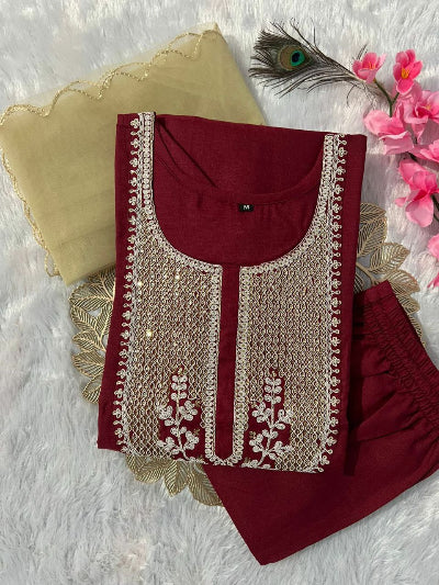 Stylish Maroon Designer Slub Cotton Embroidered Suit Set for Women - Perfect for Weddings, Parties & Special Occasions