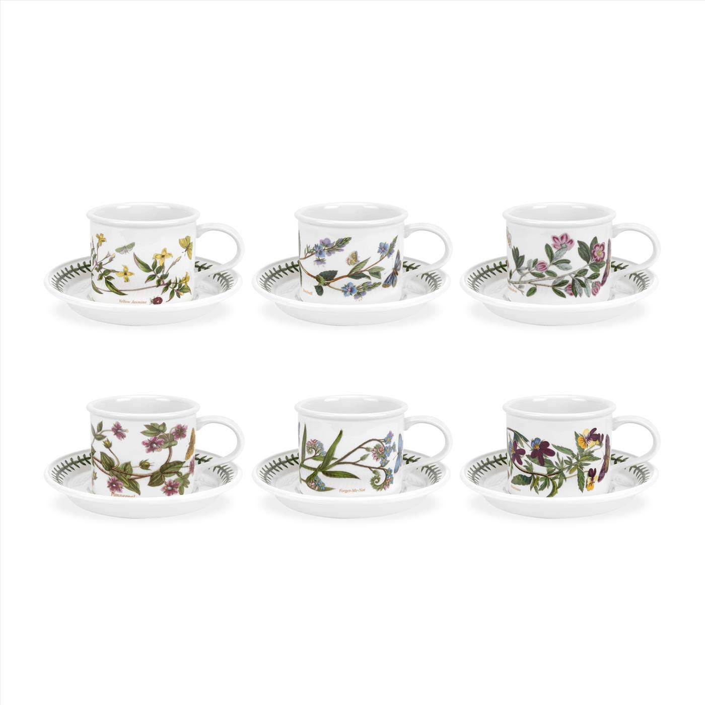 Portmeirion Botanic Garden 7oz Teacup and Saucer Set of 4 - Poppy Floral Design, Drum Shaped Porcelain Tea Cups with Chip-Resistant Glaze - Dishwasher, Microwave, Oven Safe - Perfect for Afternoon Tea, Bridal Shower, Mother's Day Gift, and Home Decor