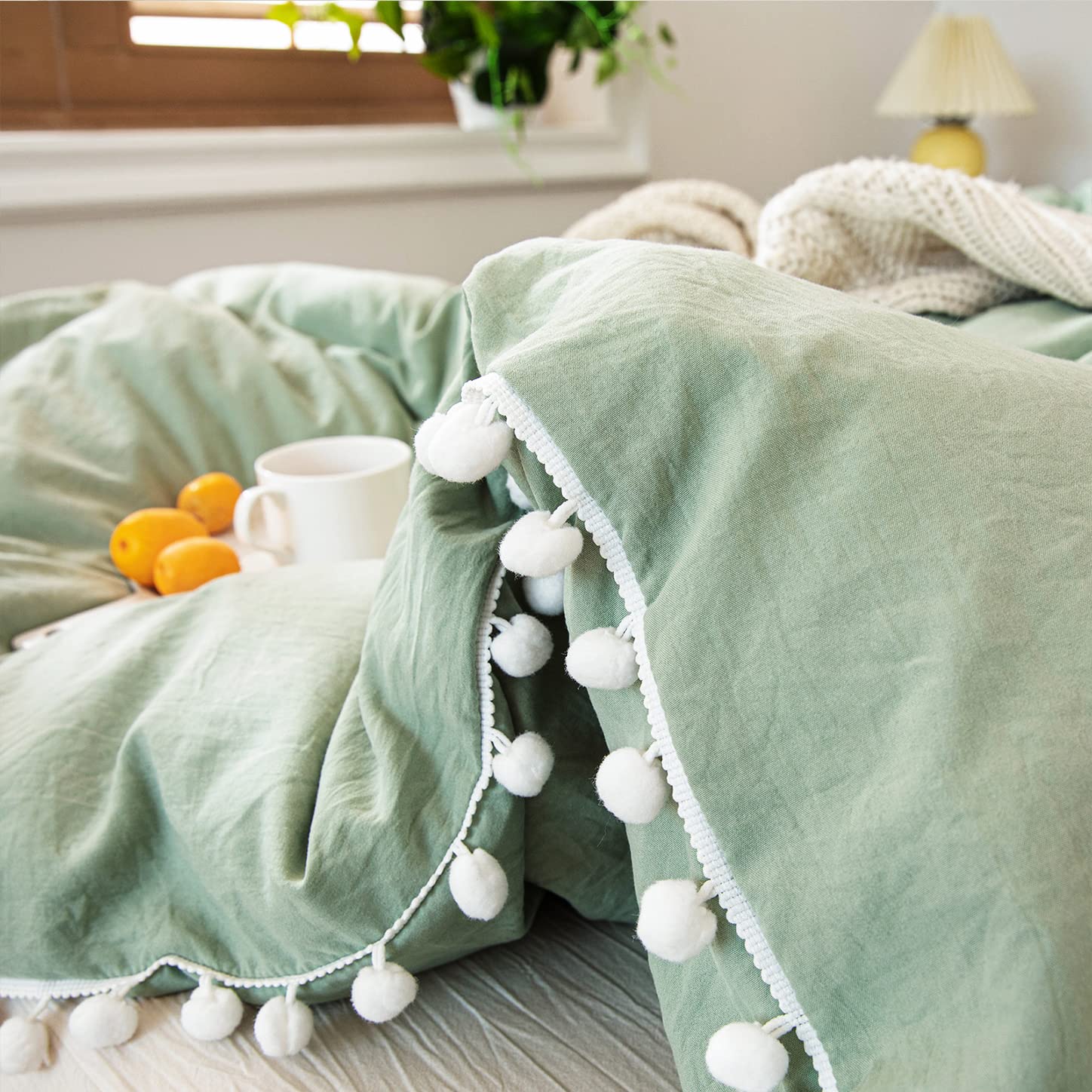 King Size Sage Green Pom Pom Comforter Set - 3 Piece Farmhouse Boho Bedding | 100% Washed Microfiber, Soft & Lightweight Fluffy Duvet Cover | Perfect for Master Bedroom, Guest Room & Cozy Farmhouse Decor
