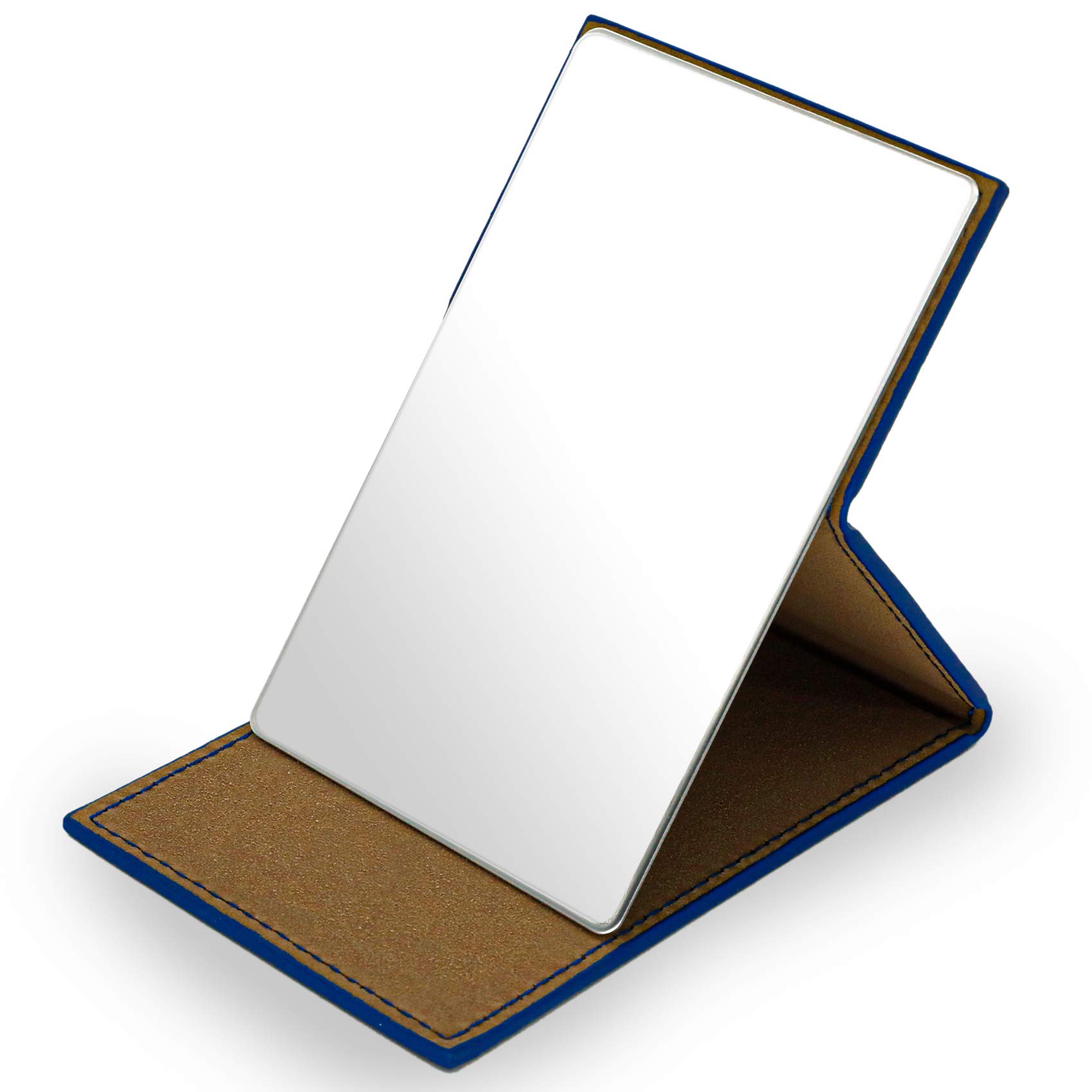 HOHIYO Unbreakable Shatterproof Stainless Steel Folding Travel Mirror with PU Leather Case - Compact Makeup Mirror for Women, Portable for Camping, Travel, Gym & Home Use (Blue)
