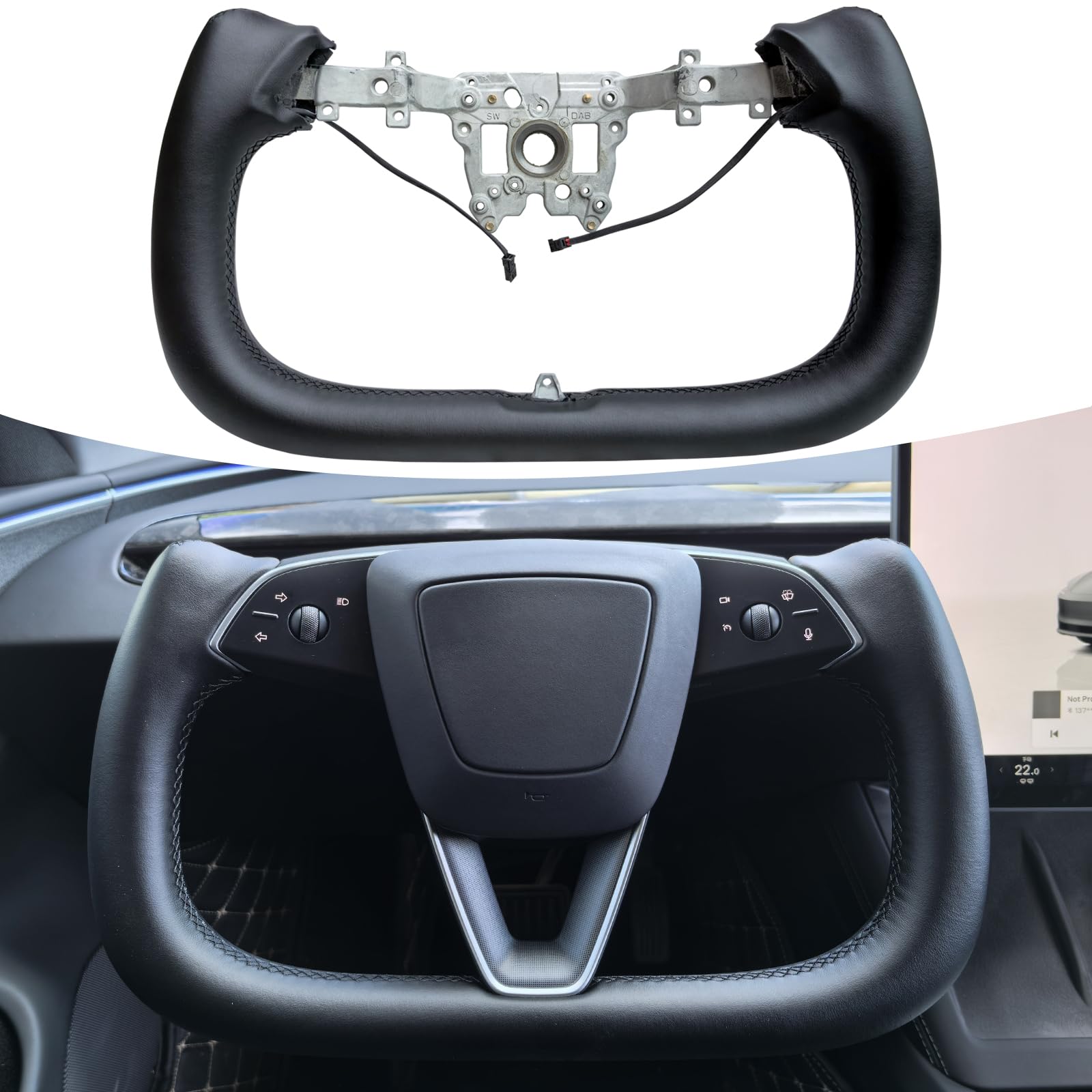Premium Tesla Model 3 2024 Highland Racing Steering Wheel - Carbon Fiber Yoke Design with Heated Black Leather (No Front Trim) | Perfect for Performance Driving & Winter Comfort