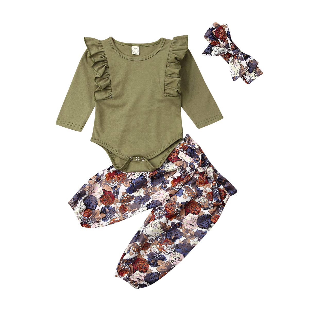3PCS Newborn Baby Girl Clothes Set - Floral Ruffle Romper, Bodysuit & Headband Outfit for 0-24 Months | Soft Cotton Infant Fashion for Photoshoots, Parties & Daily Wear
