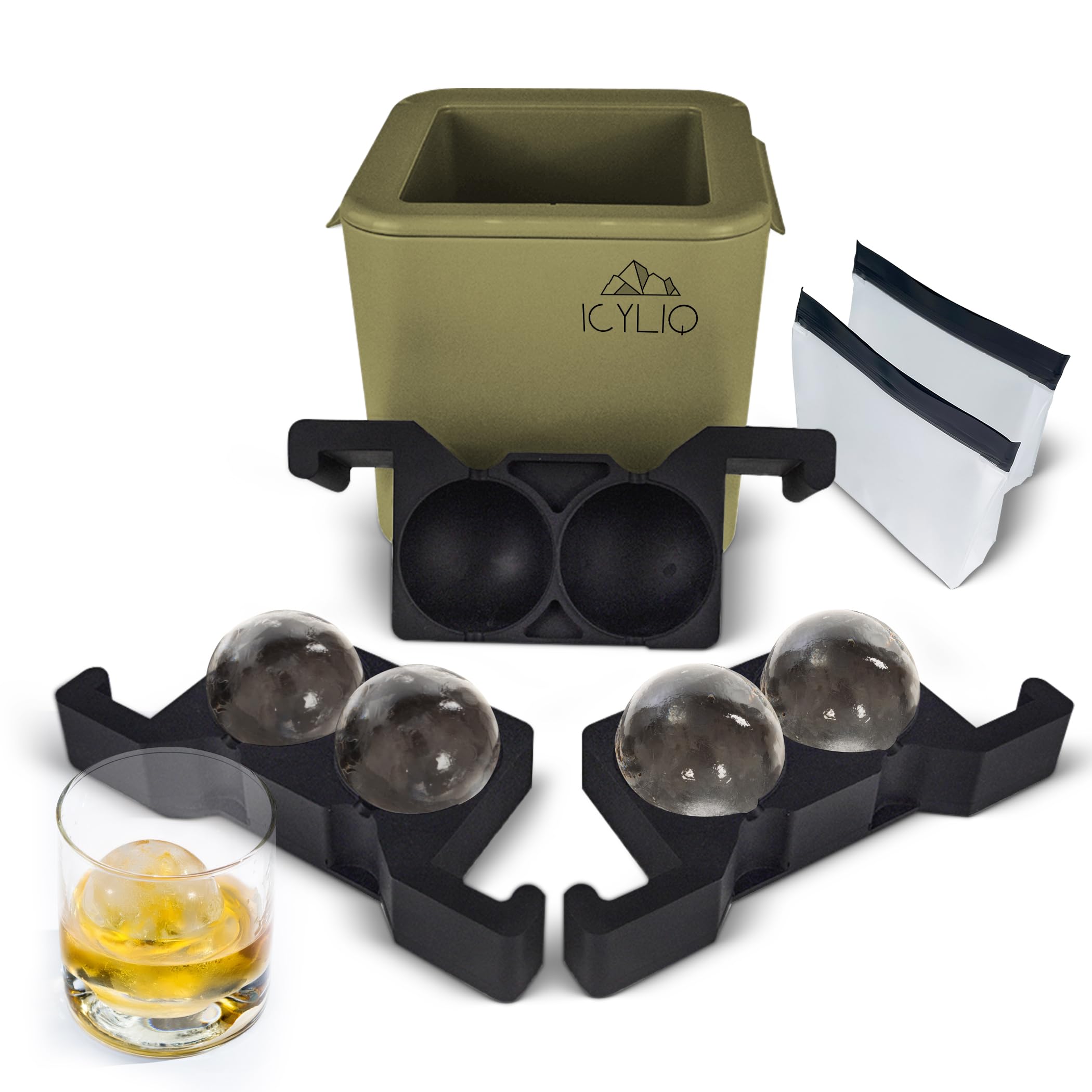 Premium Clear Ice Cube Maker & Silicone Tray Set - Whiskey & Cocktail Ice Mold for Perfect Large 4-Ball Ice Cubes | Home Bar, Parties & Entertaining