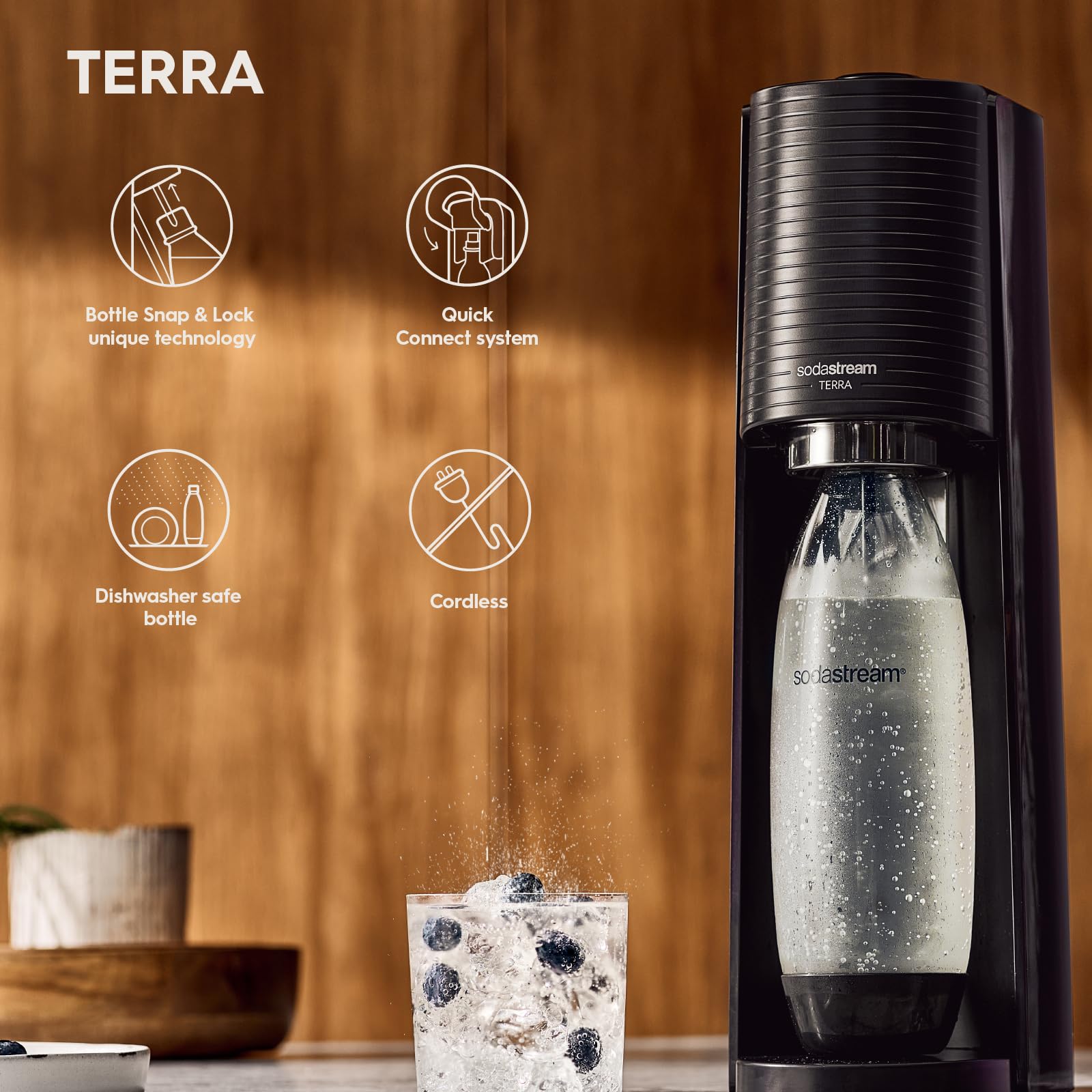 SodaStream Terra Sparkling Water Maker Machine - Black | BPA-Free 1L Reusable Bottle & 60L Quick Connect CO2 Cylinder | Home Carbonation System for Fresh Sparkling Water, Cocktails & Healthy Drinks