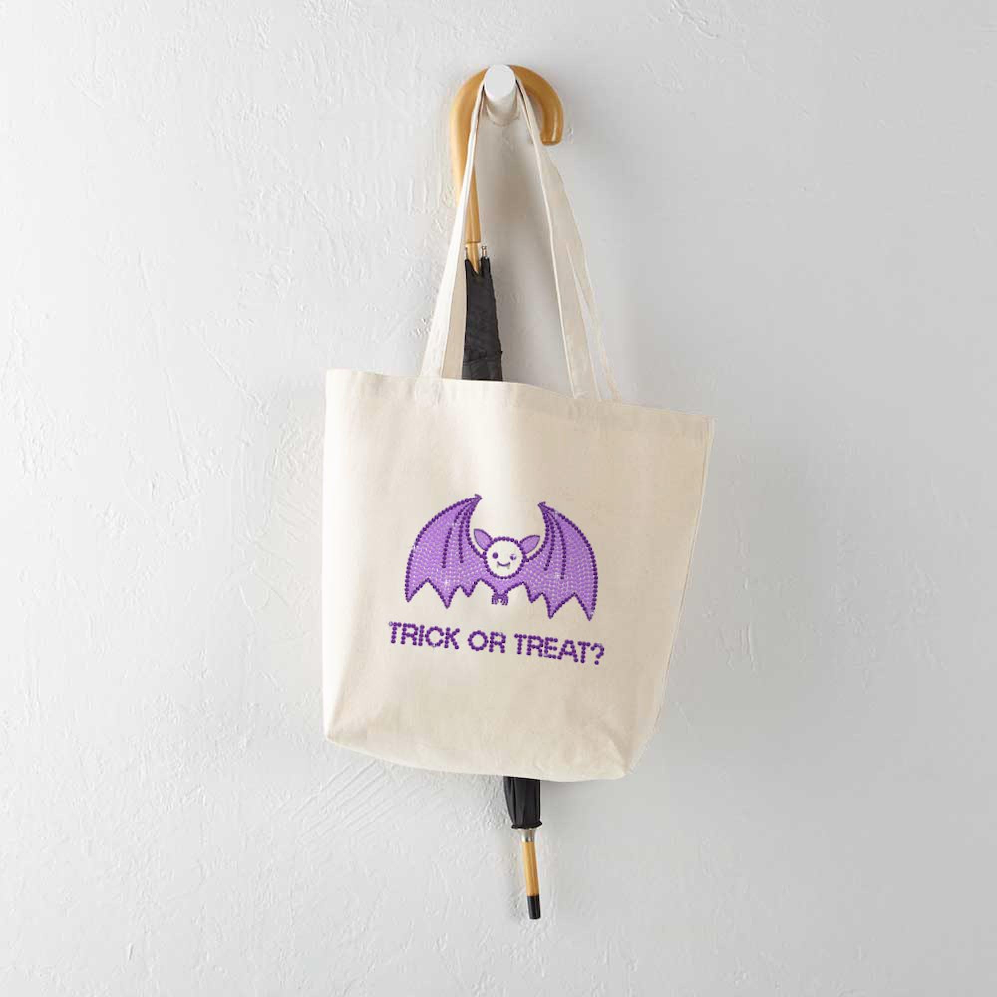 Cute Halloween Rhinestone Bat Tote Bag - Natural Canvas Reusable Shopping Bag for Women, Groceries, Beach & Everyday Use