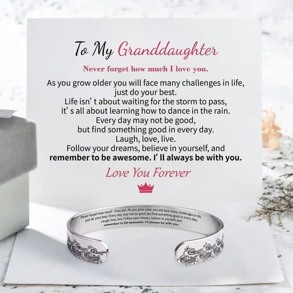 To My Granddaughter Cuff Bracelet - I Will Always Be with You - Inspirational Engraved Silver Bracelet for Women - Thoughtful Gift with Sweet Message - Perfect for Birthdays, Graduation & Special Occasions