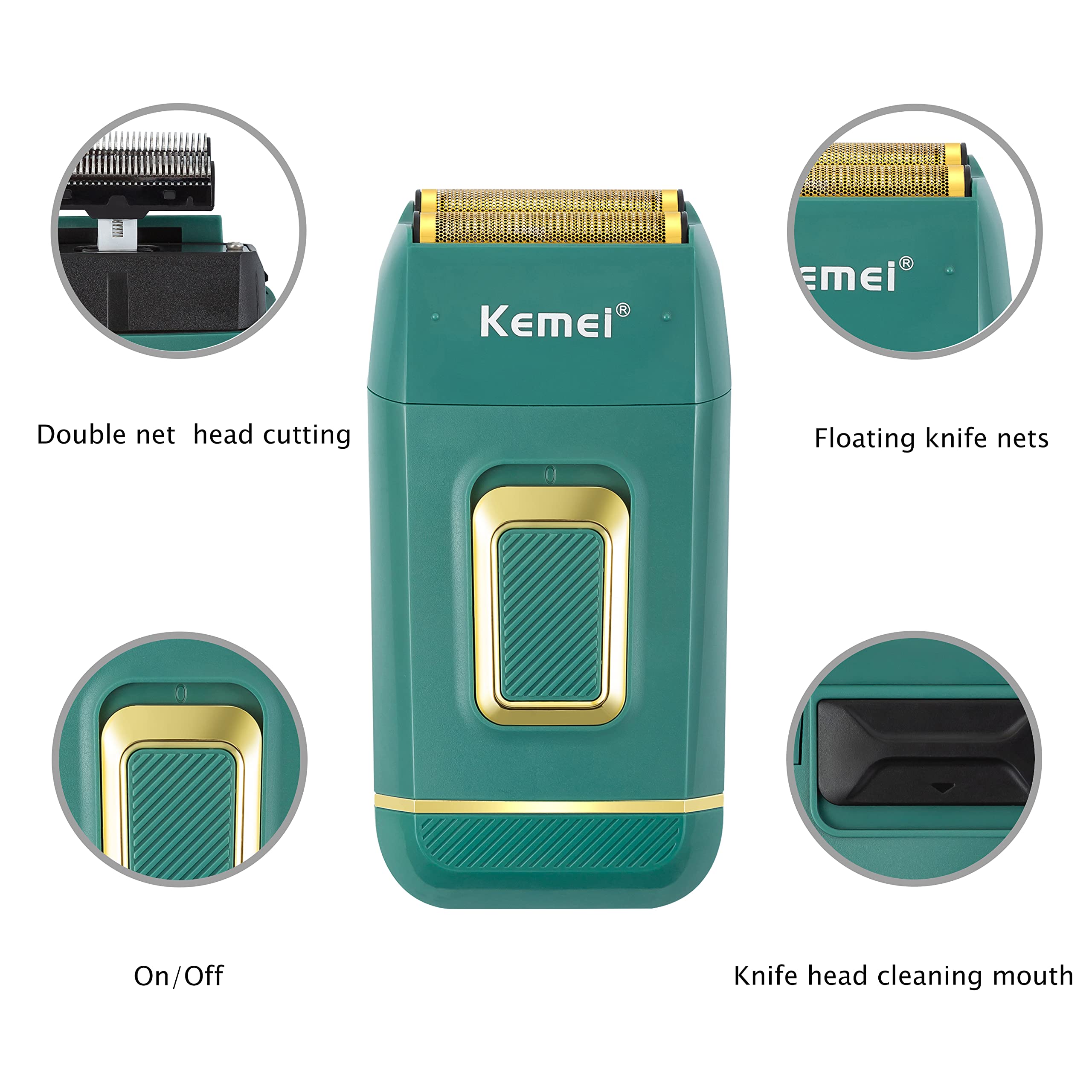 KEMEI Professional Cordless Rechargeable Electric Foil Shaver for Men - Dual Head Bald Head Shaver & Beard Trimmer - Barber Grade Hair Clipper (Green) - Perfect for Home Grooming, Travel & Salon Use