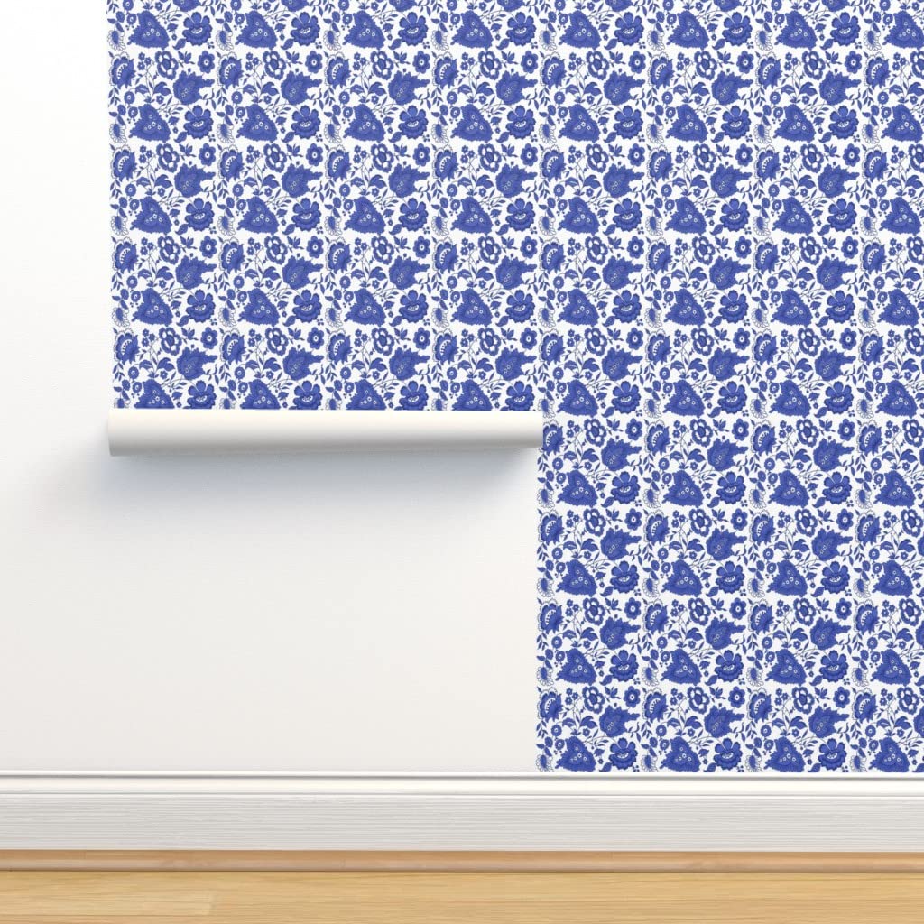 Jacoba Ink White Floral Paisley Blue Persian Removable Wallpaper Swatch - Peel & Stick Self-Adhesive Wallpaper Samples for Nursery, Bedroom, Office Decor - Spoonflower Custom Pre-Pasted Wallpaper