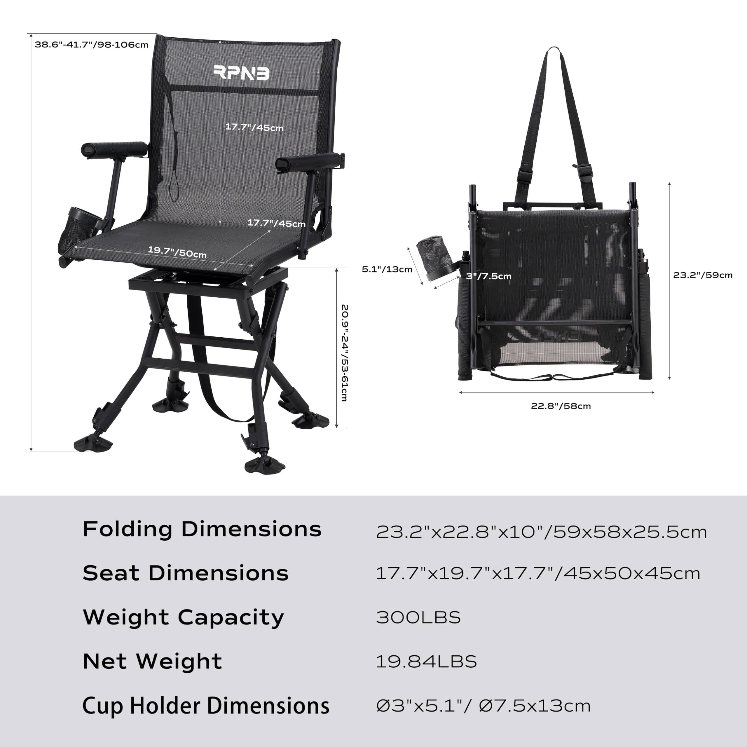 RPNB 360° Swivel Hunting Chair with Adjustable Legs & Duck Feet - Silent Hunting Blind Chair, 300LBS Capacity, Portable Folding Textilene Seat for Deer Hunting, Duck Hunting & Fishing - Perfect for Tree Stands, Ground Blinds & Outdoor Adventures