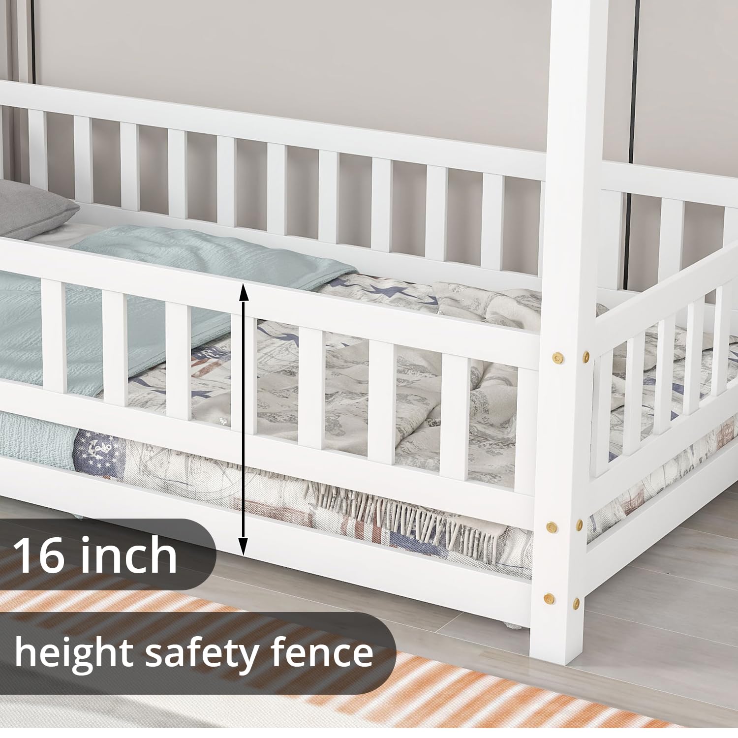 Montessori Twin Floor Bed Frame with Safety Fence - Solid Wood House Bed for Kids & Toddlers - White Nursery Furniture for Boys & Girls Bedroom - Perfect for Montessori Education & Safe Sleep Space