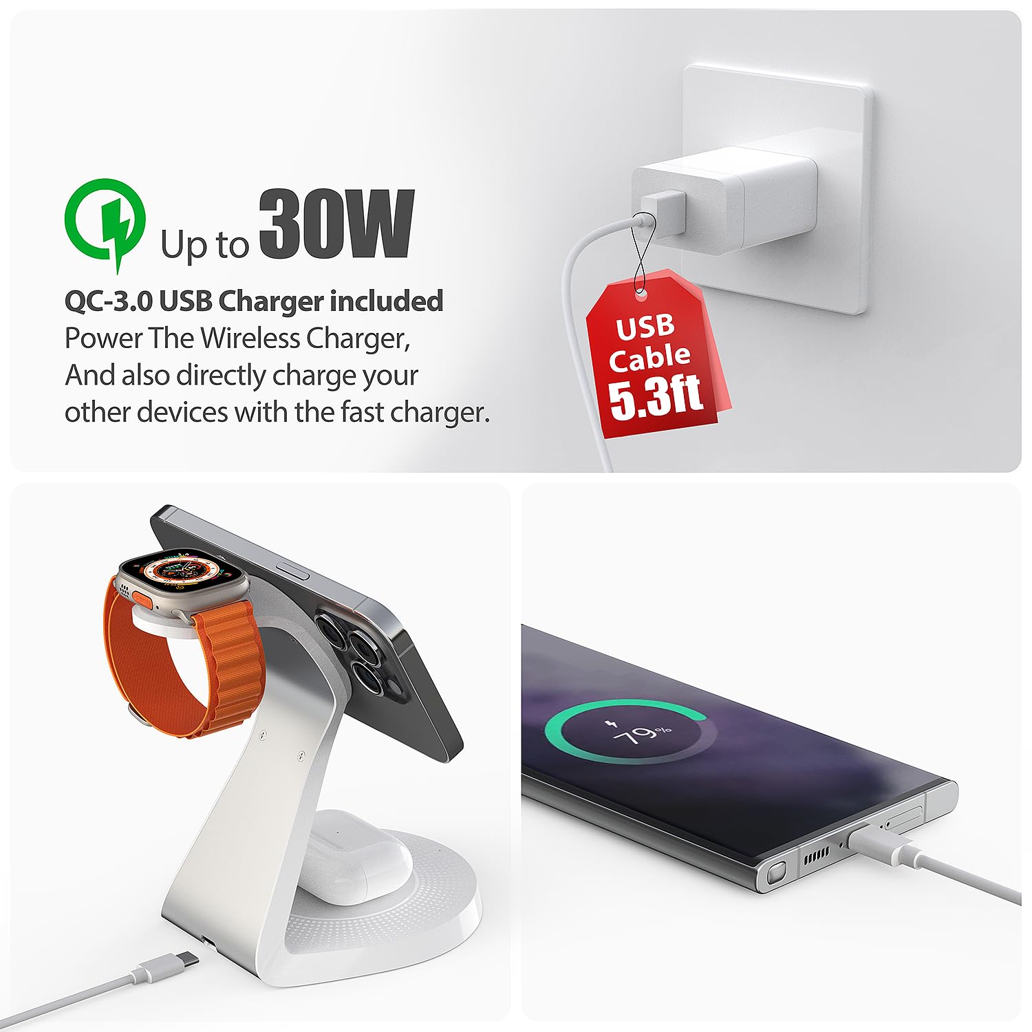 3 in 1 Wireless Charging Station for iPhone 16/15/14/13/12, AirPods & Apple Watch - Fast MagSafe Charger Stand with USB-C Cable - Perfect for Home, Office & Travel
