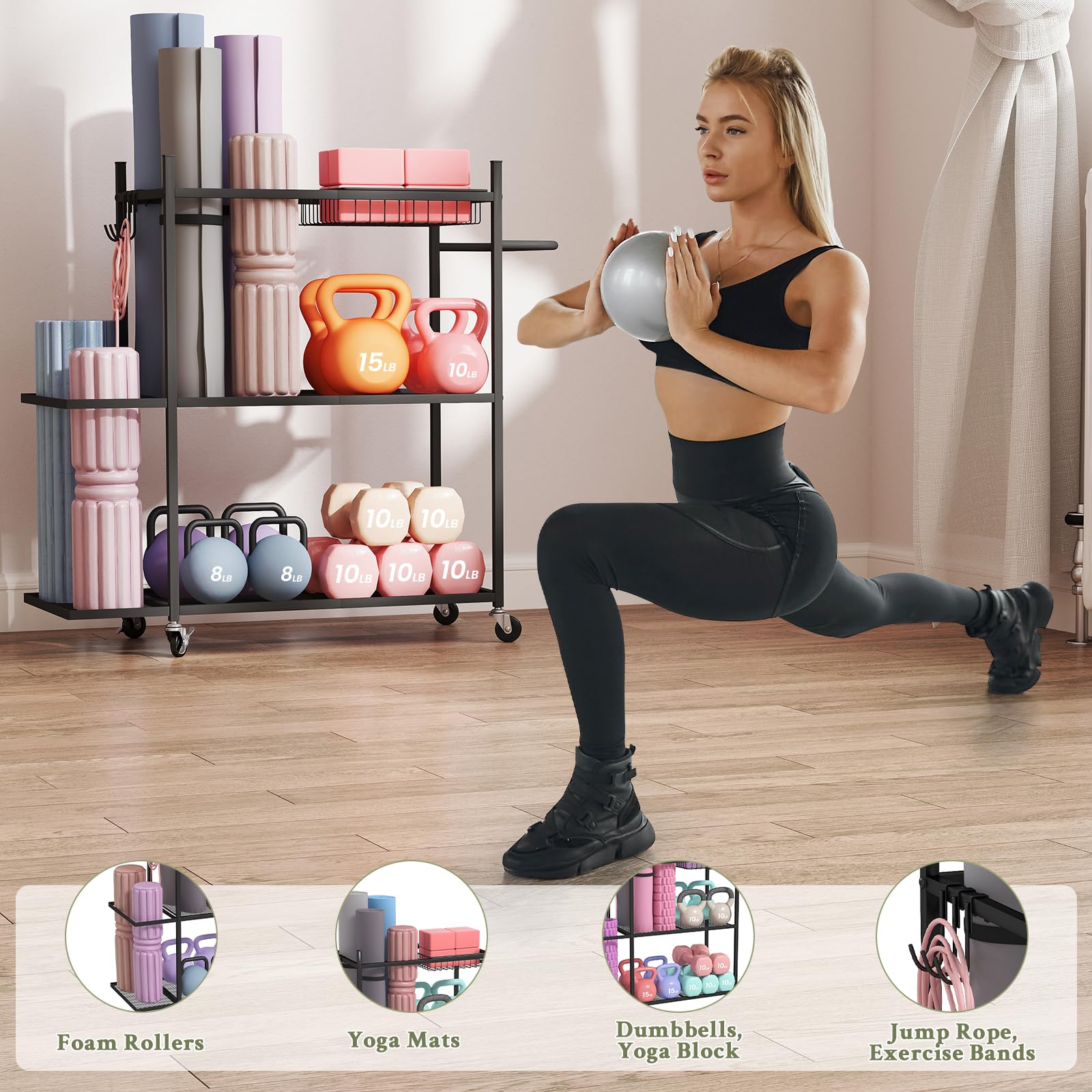 Premium Yoga Mat Storage Rack - Heavy Duty Home Gym Organizer for Dumbbells, Kettlebells & Workout Equipment with Removable Hooks - Space Saving Yoga Mat Holder for Easy Mobility - Perfect for Home Gym, Yoga Studio & Fitness Room Organization
