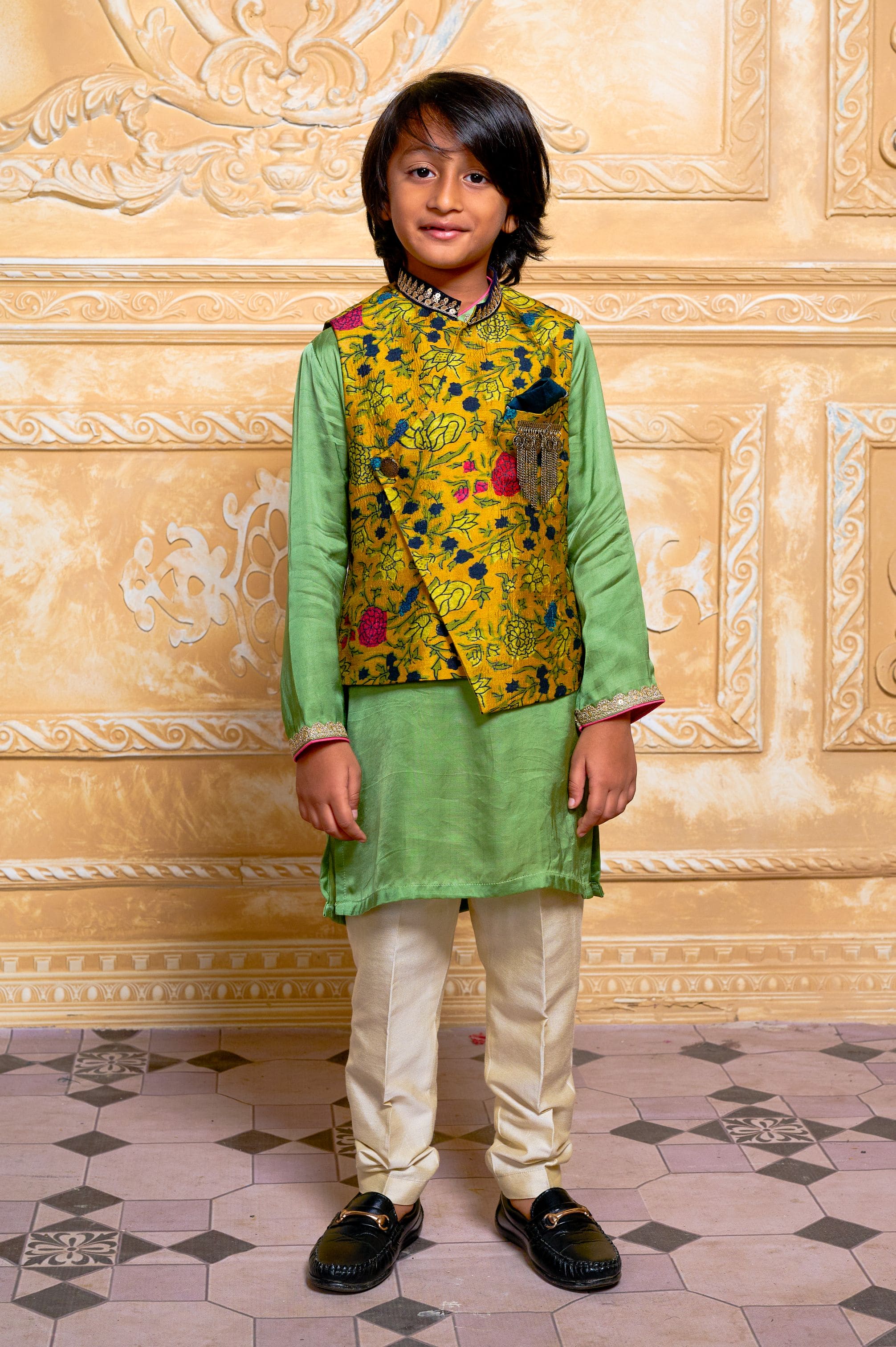 Pre Order: Green Plain Cotton Satin Kurta Mustard Small Floral Print Bandi and Pant Set for Women - Elegant Ethnic Wear for Festivals, Weddings & Casual Outings
