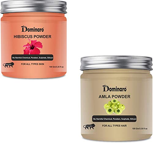 Dominaro 100% Organic Hibiscus & Amla Powder - Natural Skin & Hair Care Treatment - 2 Jars (200g Total) - Promotes Healthy Hair Growth & Glowing Skin - Perfect for DIY Face Masks, Hair Packs & Ayurvedic Beauty Routines
