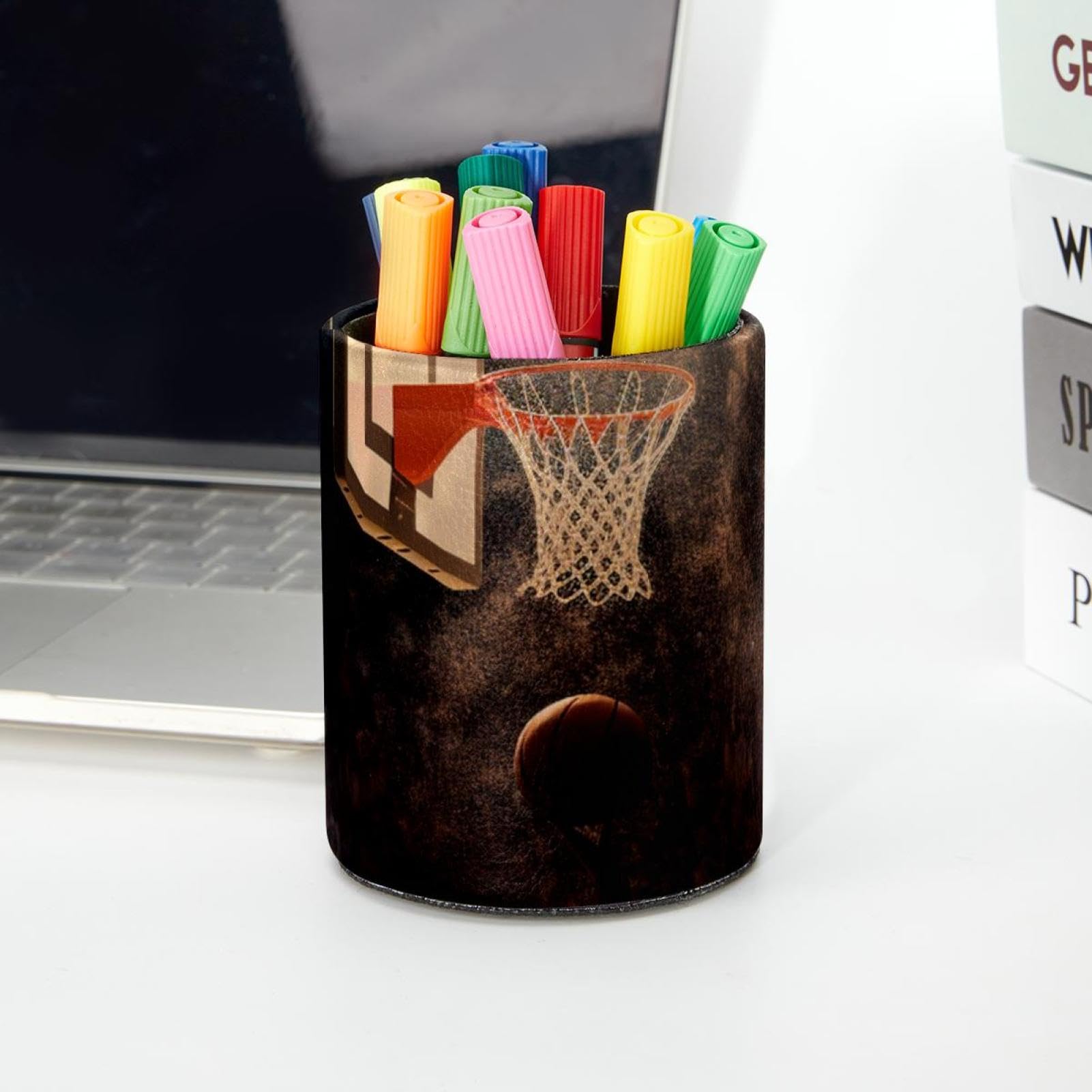 Basketball-Themed Pen Holder for Desk - 6 Slot Pen Organizer with Basketball Hoop Design - Perfect Desk Accessories for Office, School & Home Workspace Decor