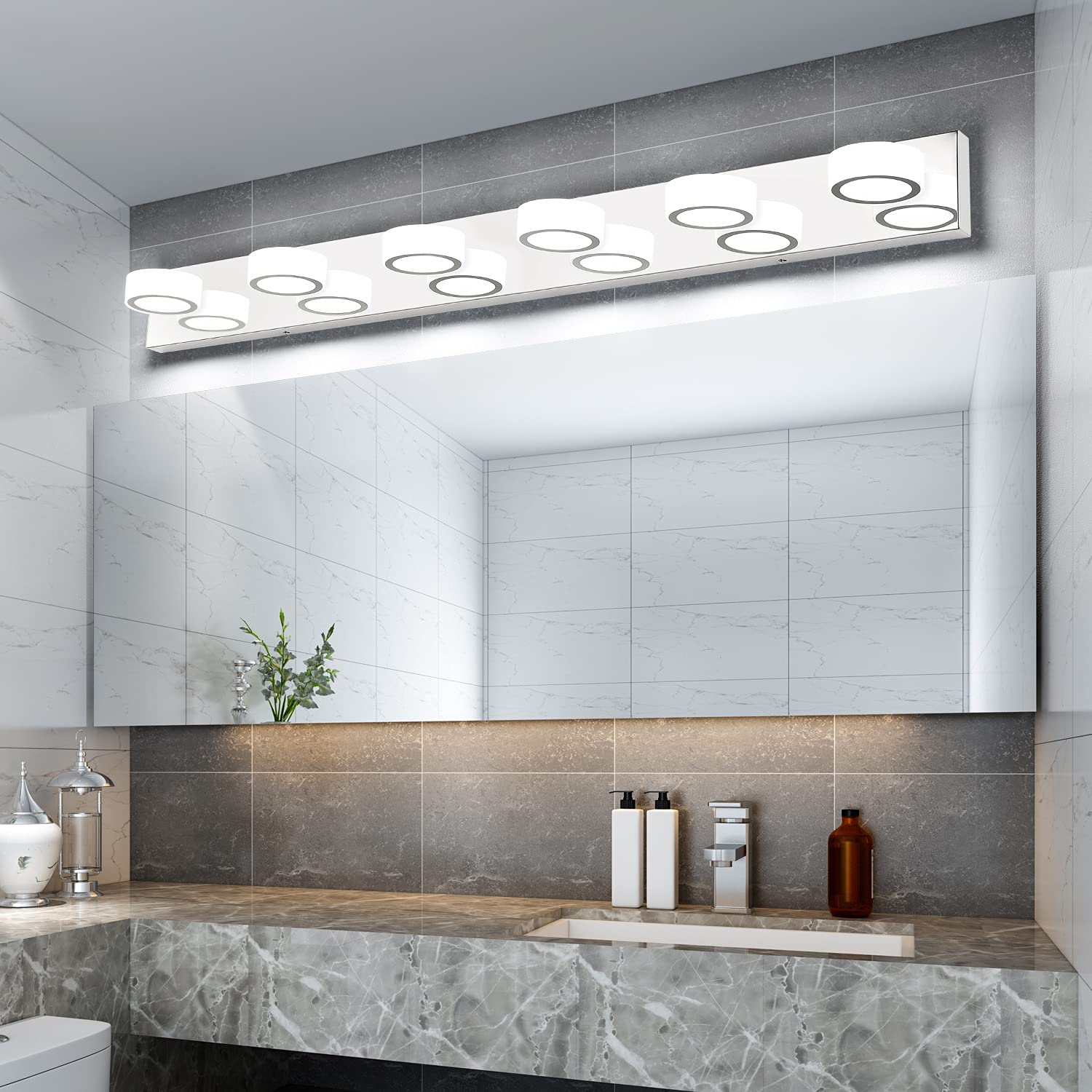 SOLFART Modern Bathroom Vanity Light - 44.9 Inch Gloss Chrome Stainless Steel LED Mirror Light with Rotating Round Acrylic Bars (6 Lights) - Perfect for Bathroom Makeup, Shaving & Decor Lighting