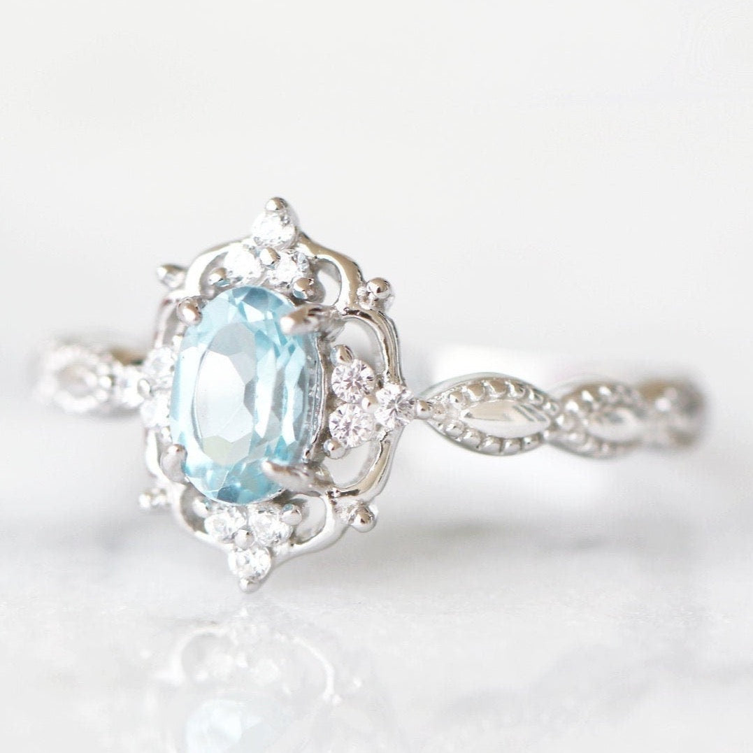 Vintage Aquamarine Ring 14K White Gold - Elegant Handmade Jewelry for Women, Perfect for Weddings, Anniversaries & Special Occasions