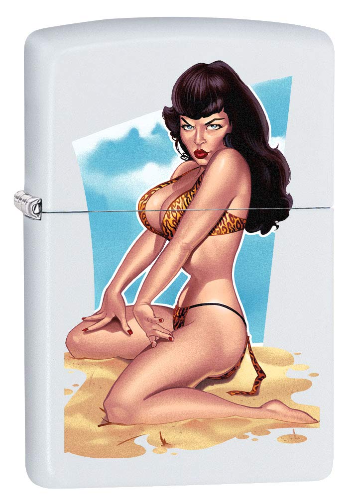 Zippo Lighter with Pin-up Girl Beach Design - White Matte Finish 80838 | Windproof Refillable Metal Lighter for Outdoor Camping, Hiking & Collectors