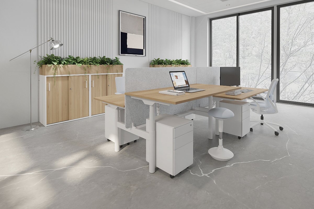Flexi Premium Height Adjustable 4-Person H Bench Workstation - White Frame [1400L x 700W] - Ergonomic Office Desk for Collaborative Workspaces & Coworking Environments