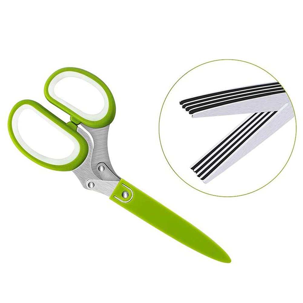 5-Blade Multipurpose Kitchen Shears - Heavy Duty Herb Scissors, Food Chopper & Mincer with Protective Cover - Perfect for Cutting Herbs, Vegetables, Meat & More | Includes Cleaning Brush & Leaf Peeler | Ideal for Home Cooking, Meal Prep & Professional Kitchens - BY ZZYY