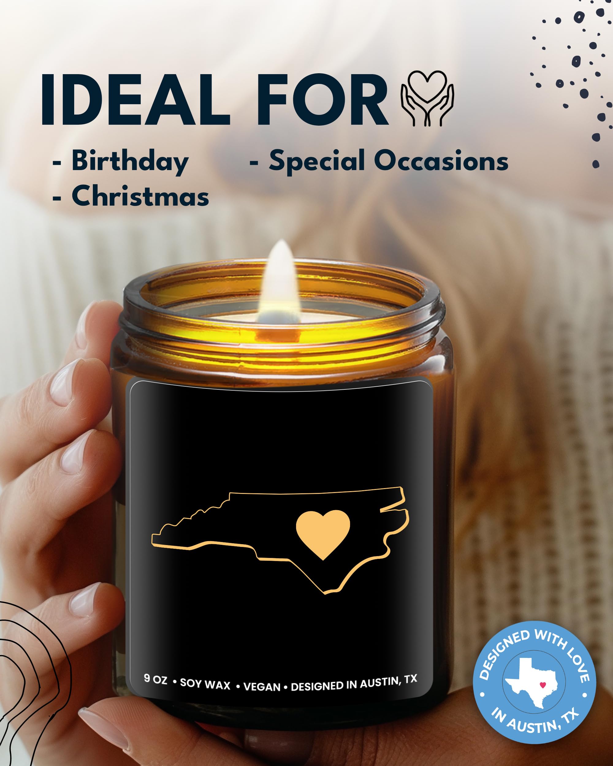 North Carolina Scented Candle - Handmade Soy Wax Candle with NC State Theme - Perfect Gift for Women & Men - Ideal for Birthdays, Christmas, Graduation - Great Souvenir for Moving Away or Homesickness - Creates Cozy Atmosphere for Home, Office & Relaxation