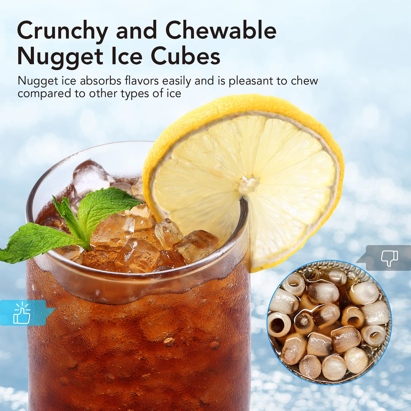 Acekool Countertop Nugget Ice Maker Machine - 30lbs/Day, 3Qt Water Reservoir, Self-Cleaning, Stainless Steel - Perfect for Home, Office, Bar, Parties & Outdoor Gatherings - Silver