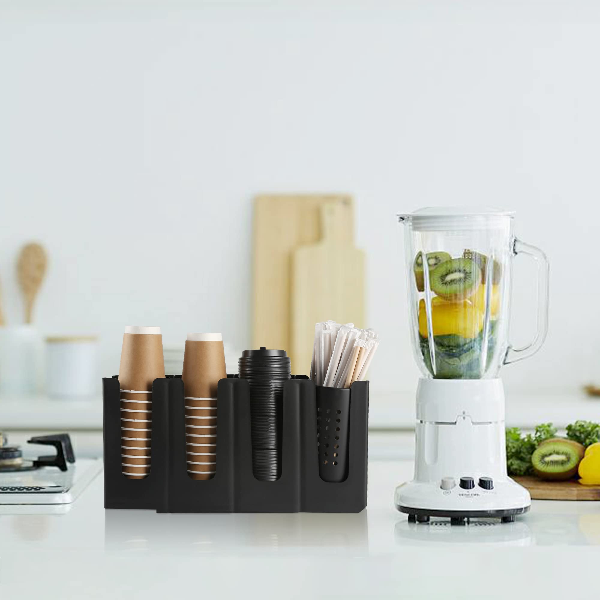 Black Disposable Coffee Cup and Lid Holder with Straw Organizer - Countertop Dispenser for Coffee Station, Bar, Restaurant & Breakroom - Perfect for Quick Service, Office Coffee Setup & Home Use