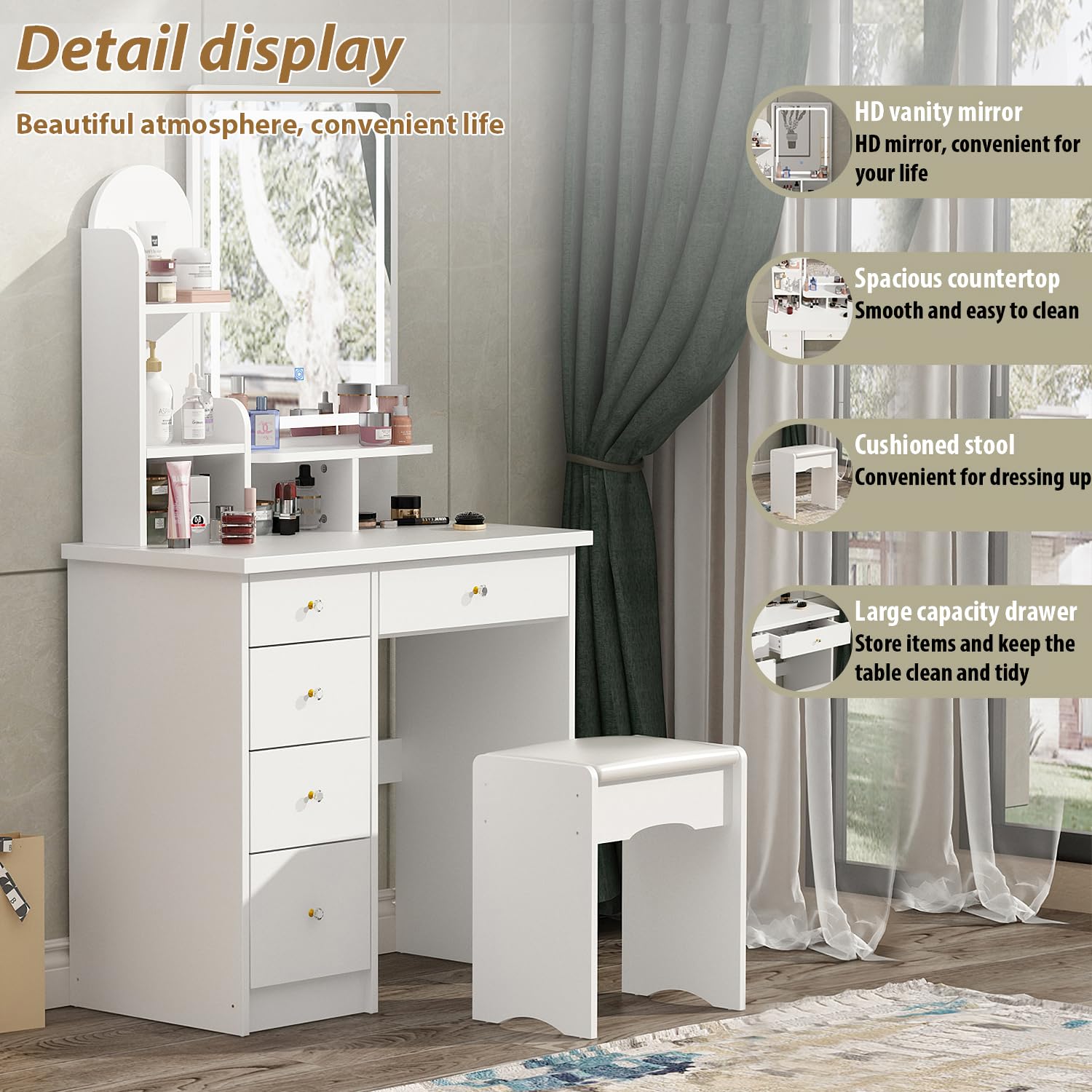 FUFU&GAGA White Vanity Set with Rectangular LED Mirror - 5-Drawer Makeup Dressing Table, Shelves & Cushioned Stool - Perfect for Bedroom, Dorm Room or Beauty Salon Organization