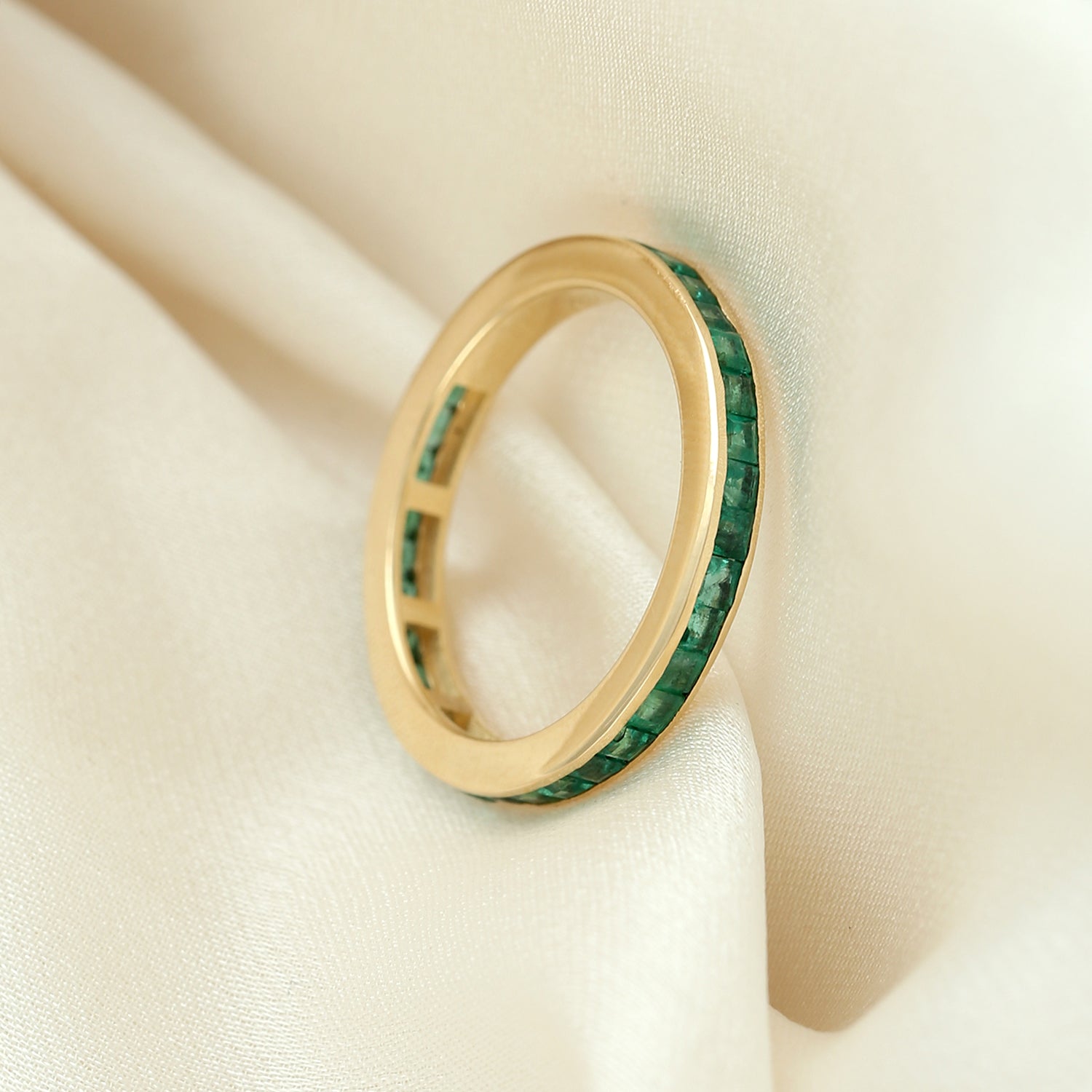 18K Yellow Gold Channel Set Emerald Gemstone Band Ring for Women - Elegant Wedding, Engagement, or Anniversary Jewelry Gift