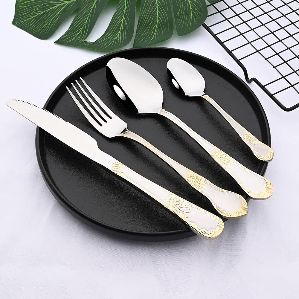 32-Piece Gold Stainless Steel Flatware Set - Knife, Fork & Spoon Cutlery for Dinner - Elegant Tableware for Home, Restaurant & Party Use - BY ZZYY (Gold)
