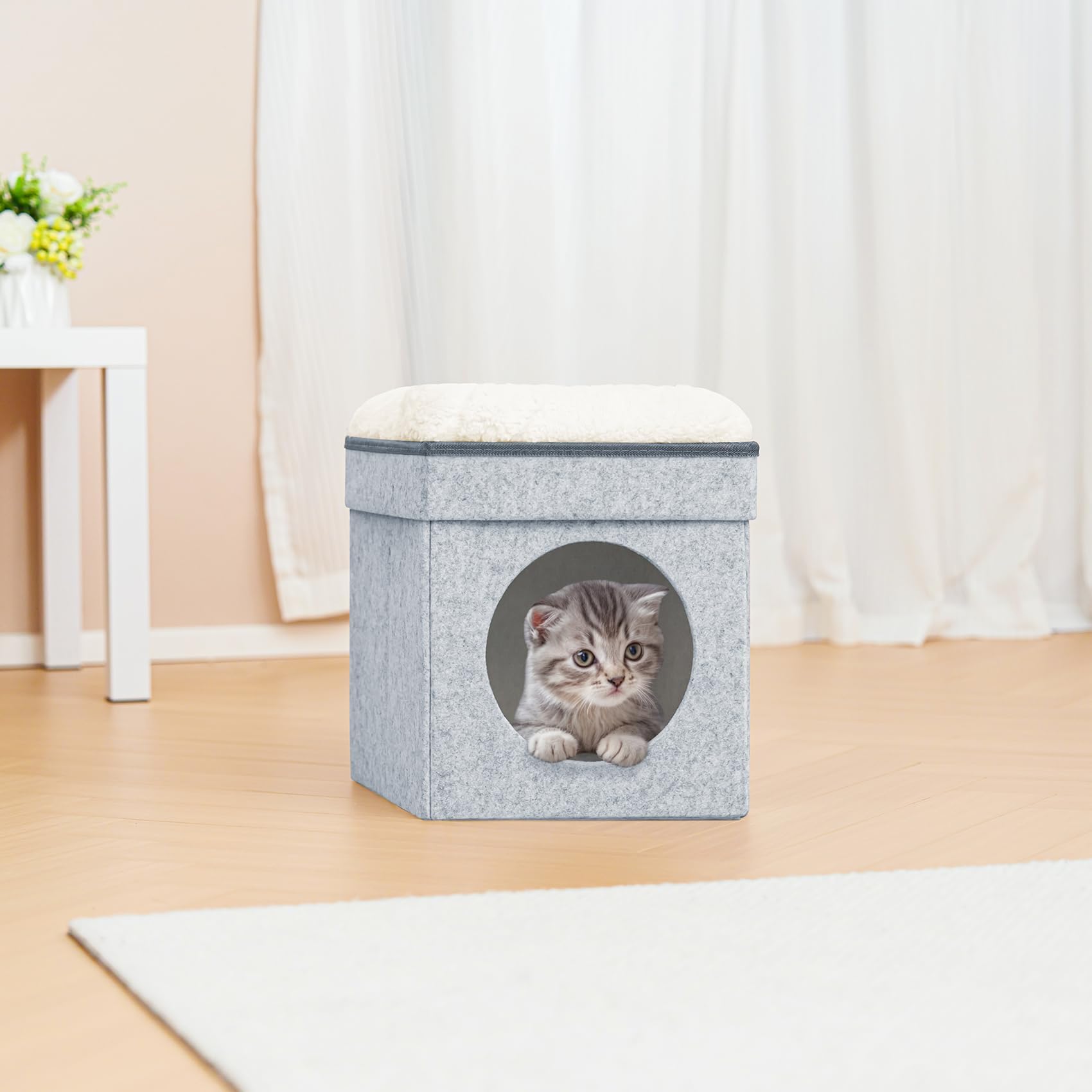 Folding Cat House Cube - Indoor Pet Bed for Cats & Small Dogs, Light Grey - Cozy Cave for Kittens & Pets