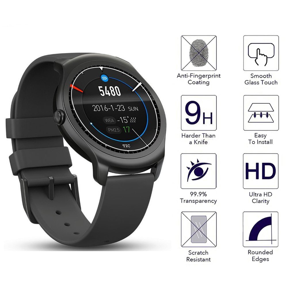 3 Pack Ticwatch 2 Tempered Glass Screen Protector - 9H Hardness, Anti-Scratch for Smartwatch Protection