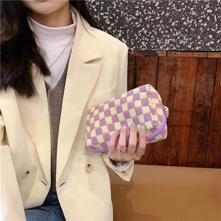 2 Pcs Small Checkered Makeup Bag Set - Mini Cosmetic Pouch & Brush Organizer for Purse, Travel Essentials | Cute Aesthetic Accessories Storage for Women | Perfect for Daily Use, Traveling & Gift Giving